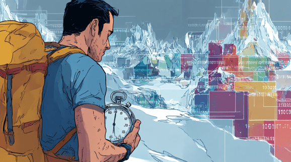 A Caucasian mountain climber with yellow backpack and blue t-shirt cradles an oversized stopwatch while staring at blocks of color superimposed on a mountain range in the distance